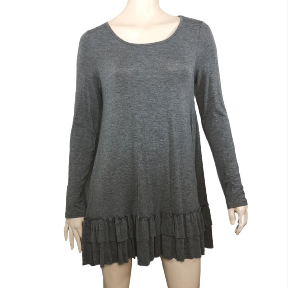 Easel Los Angeles Dress Tunic Ruffle Hem Gray Long Sleeve Stretch Medium Large - Picture 1 of 9